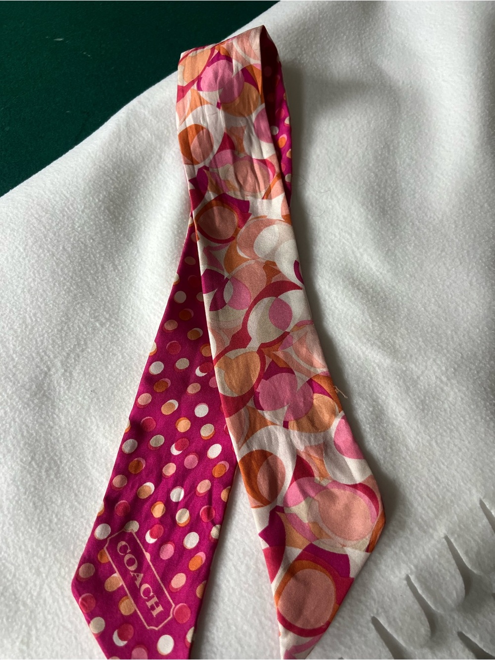 Coach Silk Polka Dot Twilly in Hot Pink with Orange and Cream Accents - Picture 3 of 4